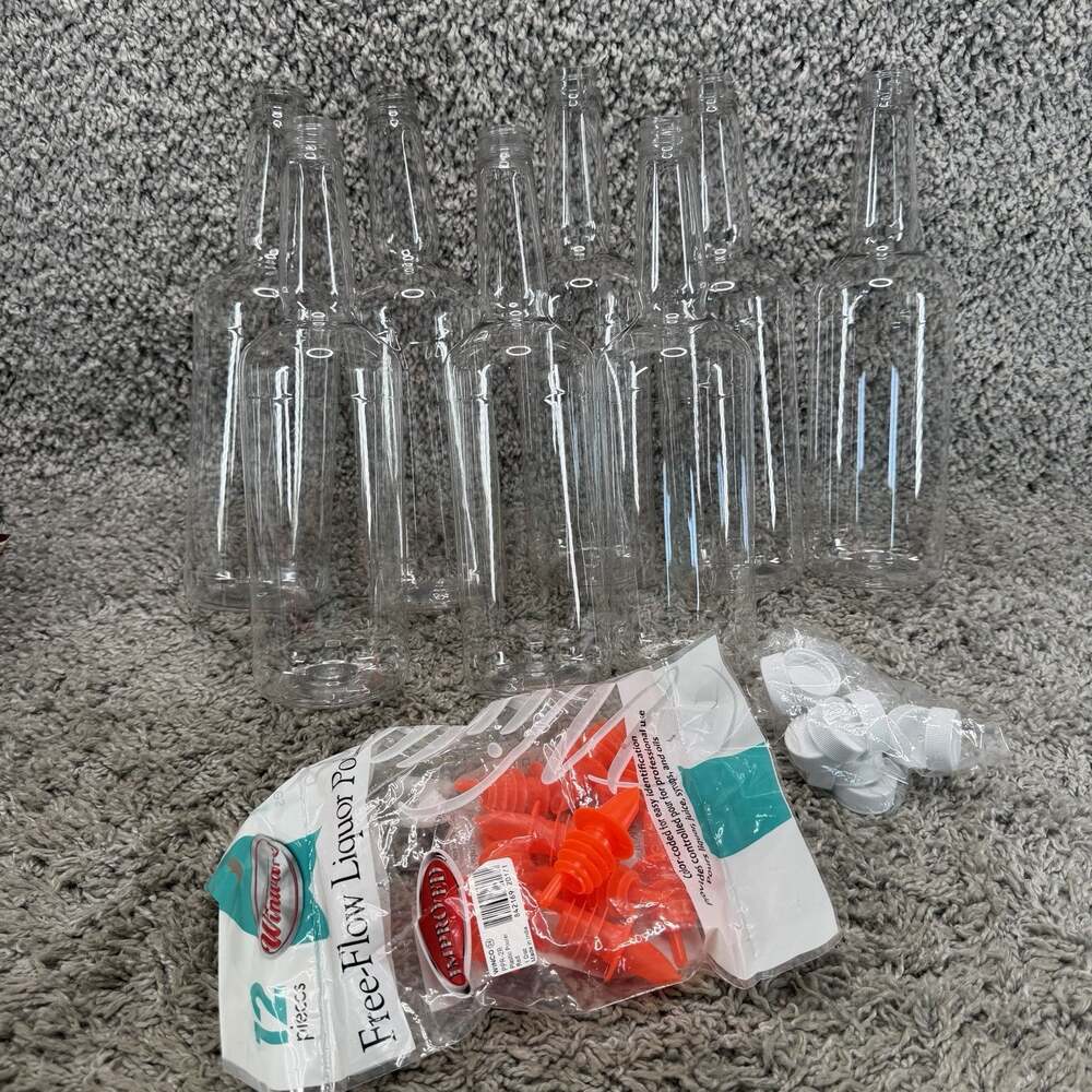 8 Pack Clear Plastic 32oz Long Neck Pour Bottles With Red Pourers & Cap Sets